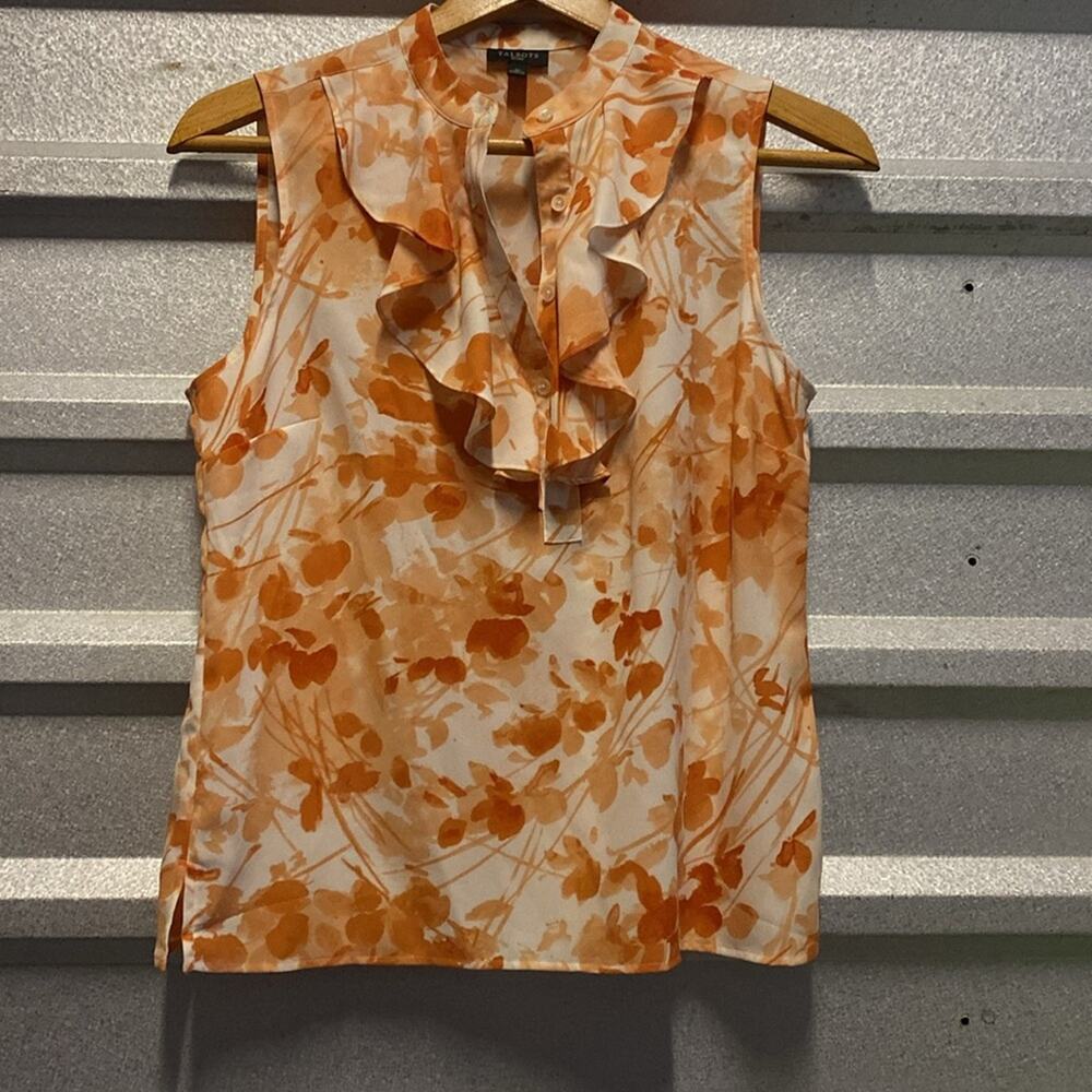 Talbots petite peach floral sleeveless‎ blouse ruffle neck top